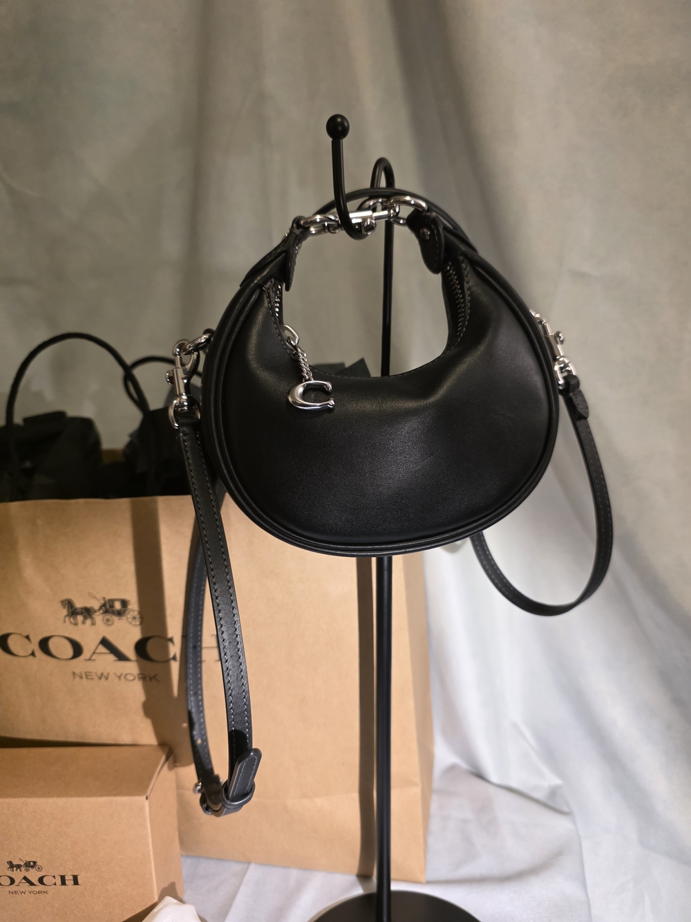Coach Jonie Black Crescent Mini Leather Bag with Silver Hardware